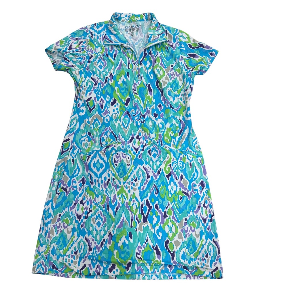 IBKUL Womens Blue Green Ikat Print IceFil UPF 50+ Quarter Zip Golf Dress Medium